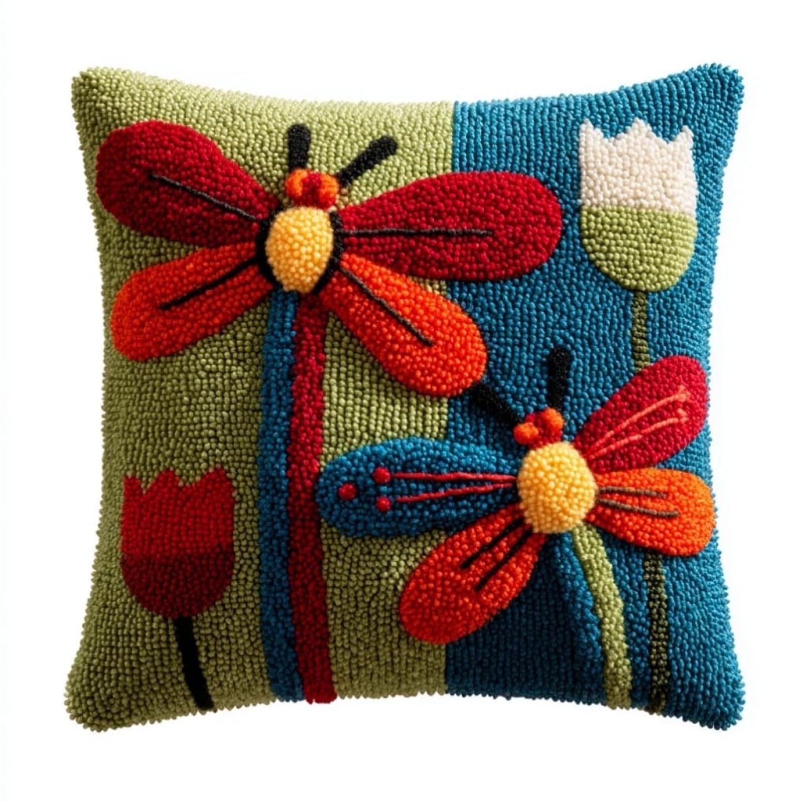AxiangziK DIY Latch Hook Cushion Cover Kit 43x43cm,Cartoon Dragonfly Full Accessories Yarn Craft Set,Cushion Making Kit Ideal Gift for Adults,Craft Enthusiasts