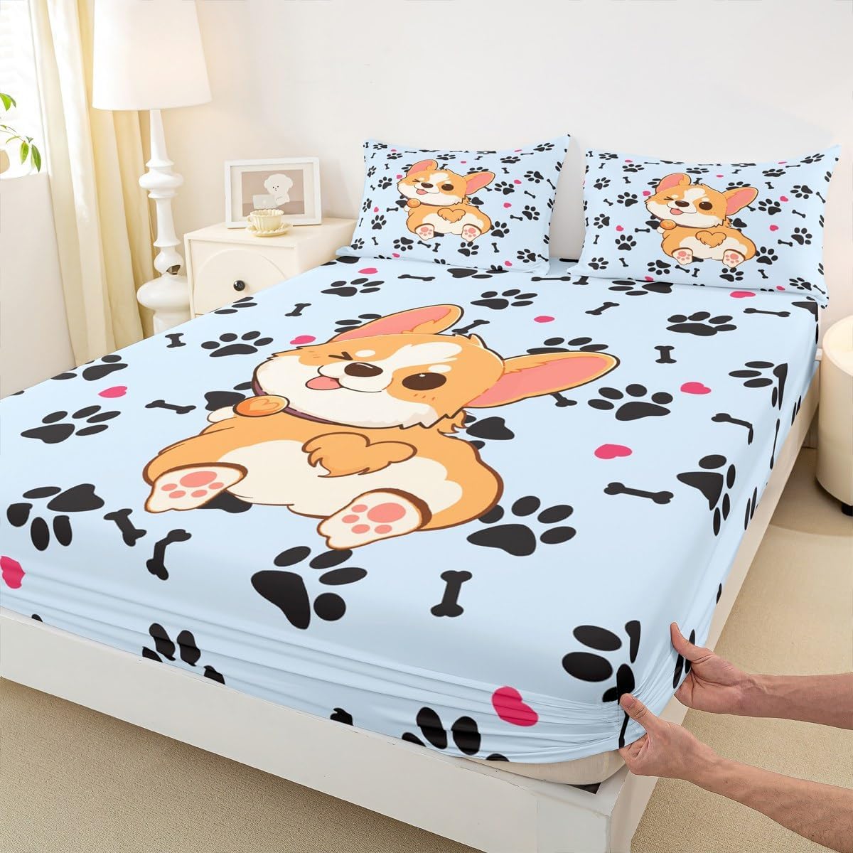 Castle Fairy Cute Corgi Bed Sheet Set Twin Size,Cartoon Dog Footprint Bones Bedding Set 3pcs for Kids Boys Girls Room Decor,Smiling Doggy Fitted Sheet Family Paw Top Flat Sheet with 1 Pillowcase,Blue