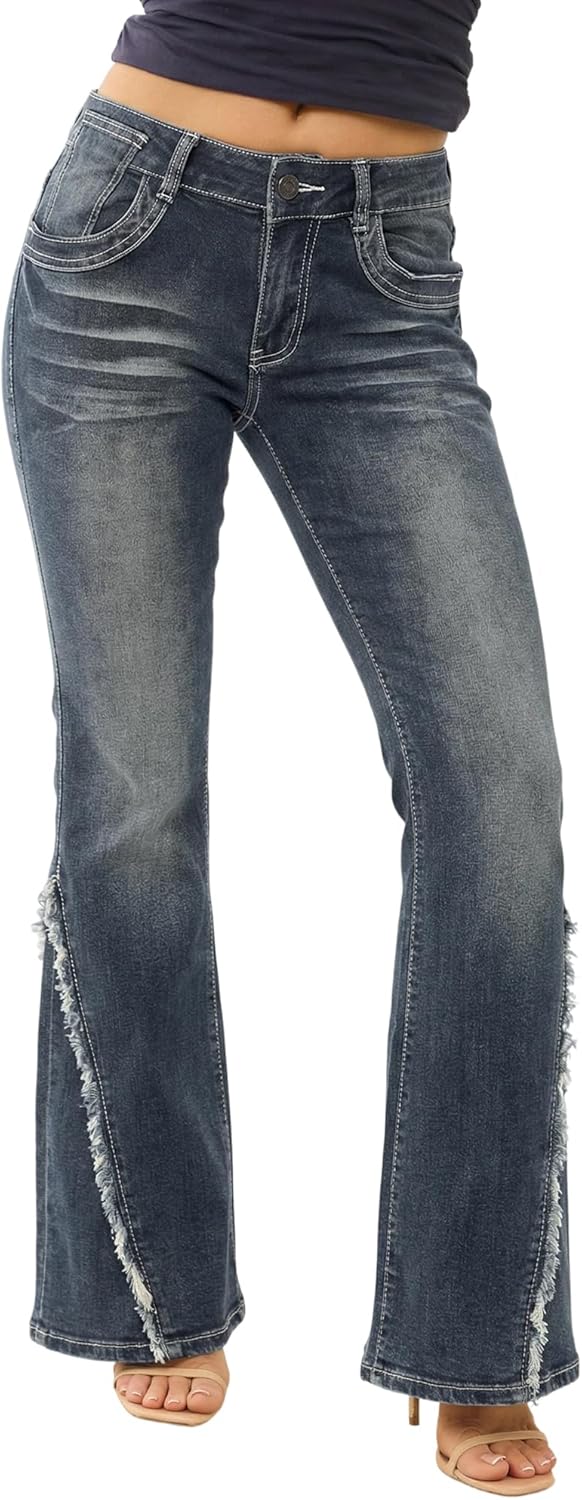 Women Bell Bottom Jeans Lace Up Bow Stretch Flare Denim Pants Cute Y2k Vintage Jeans