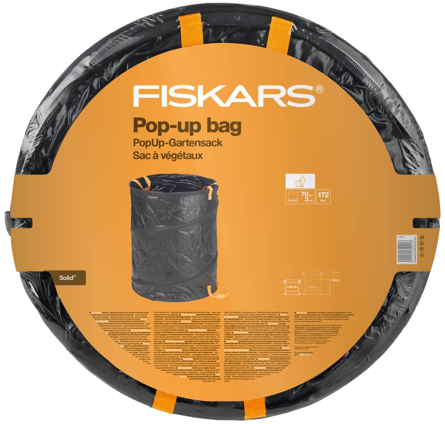 Fiskars Sacco da giardino PopUp con maniglie, Capacità: 172 litri, Nero/Arancione, Solid, 1015647