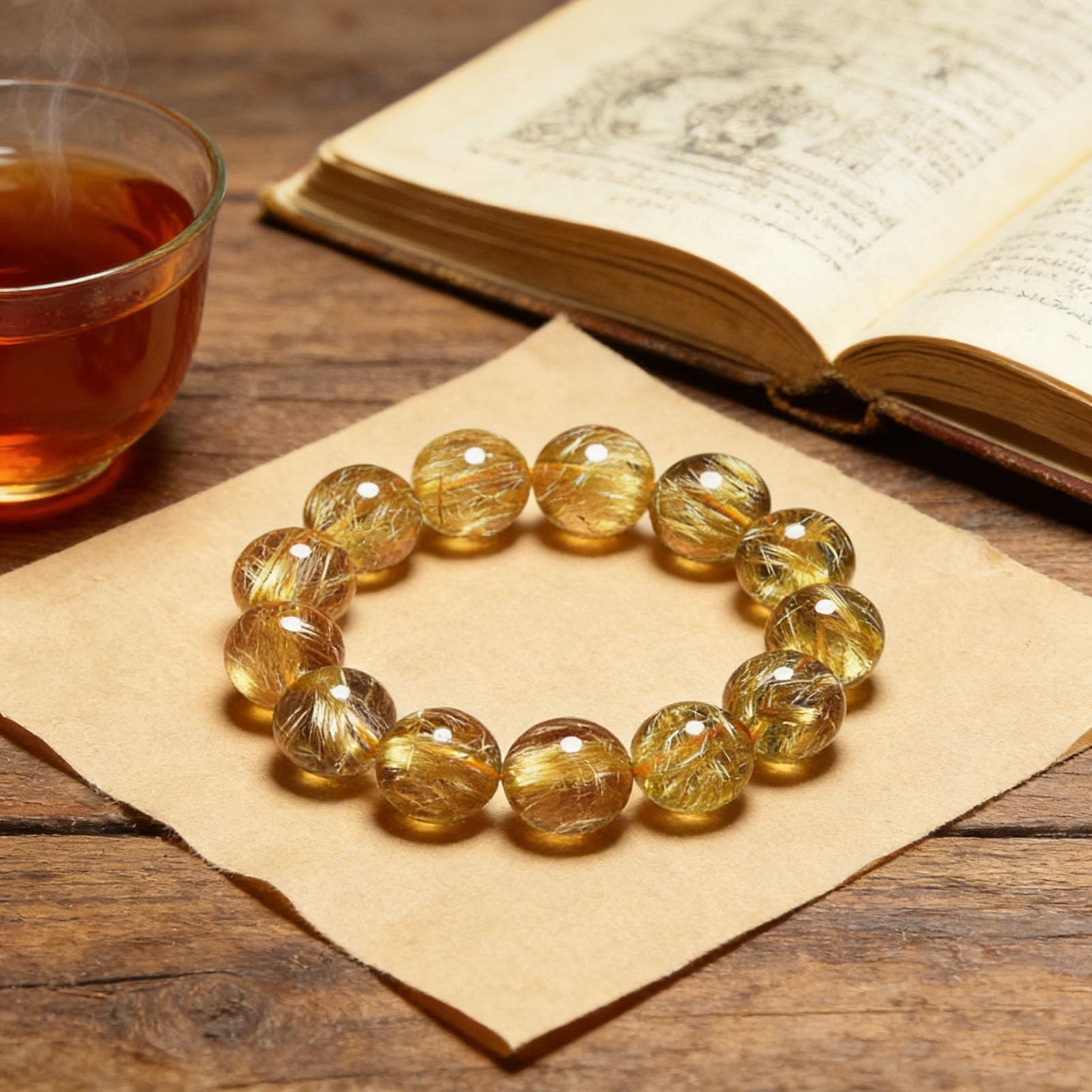 Bracciale con Pietra preziosa curativa citrino, Cristalli Bracciale con Perline Chakra Naturali Perline di Cristallo Regolabili Quarzo rutilato Dorato Perline di Pietra Lisce,6MM