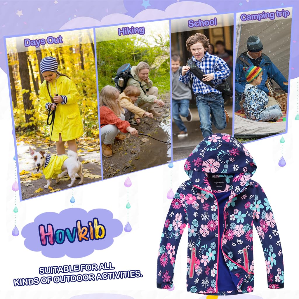 Veste Imperméable Fille Veste Coupe-Vent Enfant Légère Veste de Randonnée Chaude Blouson avec Capuche Polaire Manteau de Pluie 3-12 Ans