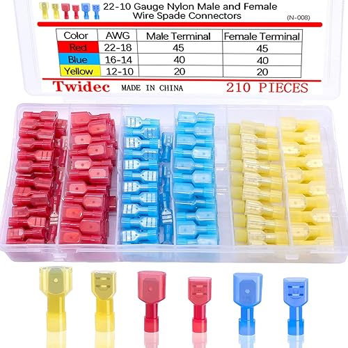 Miniatura 13 de Twidec Kit de conectores de pala de nailon, calibre 22-10, macho y hembra, terminal de pala de alambre de desconexión rápida, conector de crimpado