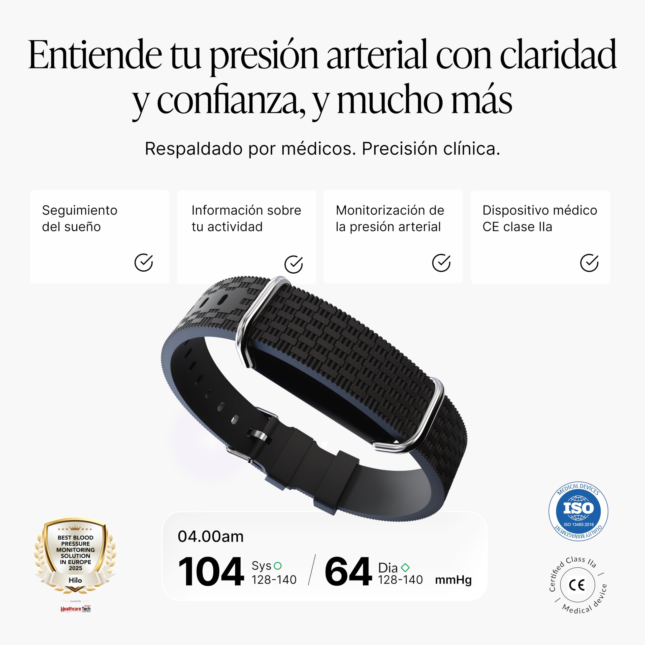 Hilo Pulsera Tensiómetro Inteligente 24/7 | Dispositivo Médico Validado Clínicamente Sin Manguito | Seguimiento Sueño, Frec. Cardíaca & Pasos | IP68 Batería 15 Días | Suscripción 12 Meses Incluida