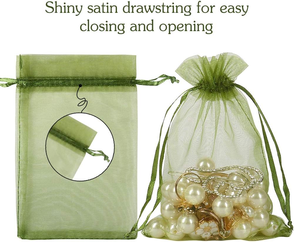 HRX Package 100pcs Organza Drawstring Bags Olive Green, 4 x 6 inch Candy Mesh Gift Bags Jewelry Pouches Small Christmas Sachet