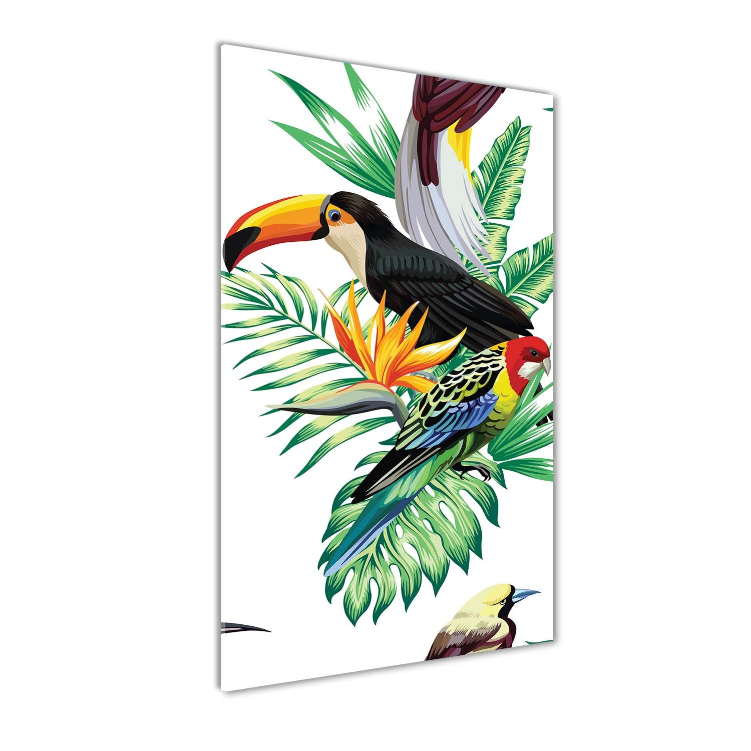 Oiseaux tropicaux en peinture sur verre trempé 70x140cm pour un salon lumineux