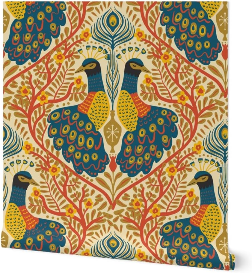 Spoonflower Peel & Stick Wallpaper 3ft x 2ft - Boho Peacock Art Nouveau Maximalist Warm Rust Orange Large Scale Colors Teal Blue Exotic Animal Custom Removable Wallpaper