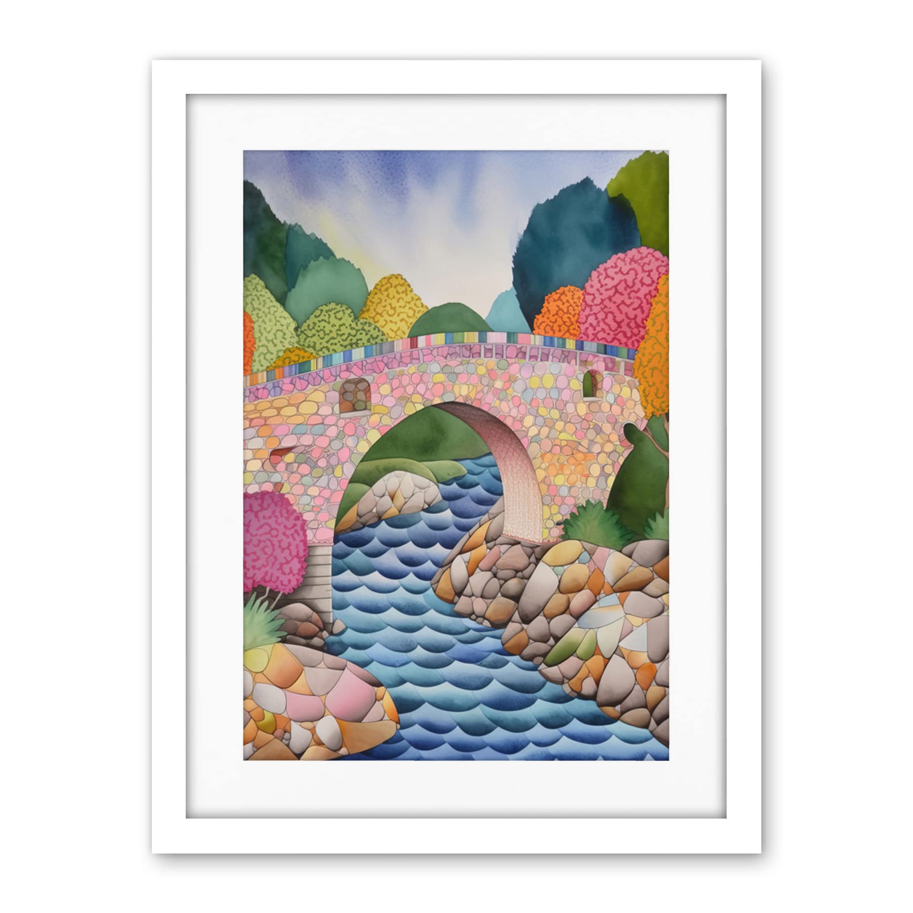 Artery8 Modern Folk Art Countryside Bridge Artwork Framed Wall Art Print 18X24 Inch