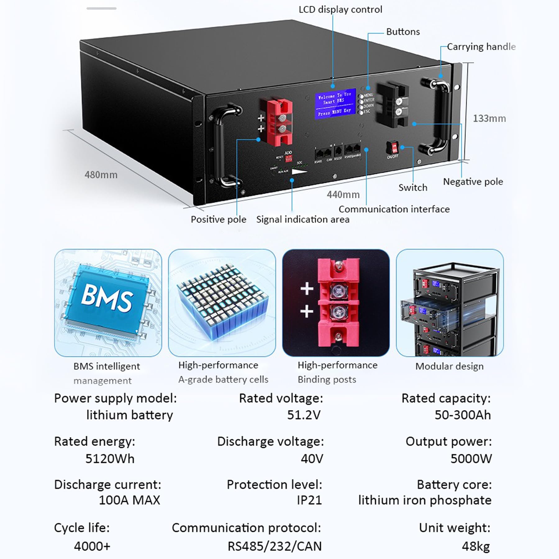 Batería Litio LiFePO4 51,2V 50AH BMS integrada 100A con Pantalla LCD Máx. Salida de Potencia 2560W más de 4000 ciclos para Aplicaciones de Sistema Solar/Fuera de la Red