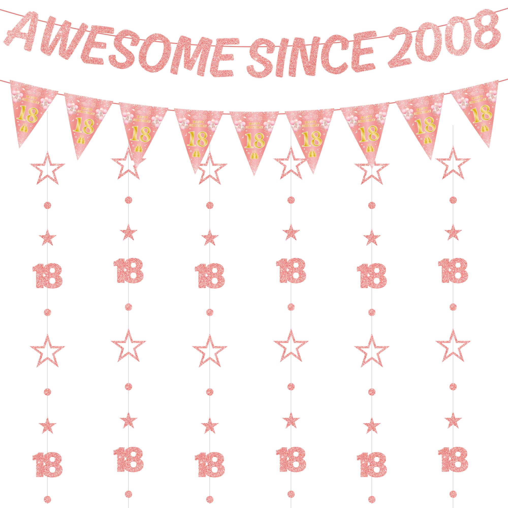18th Birthday Decorations Banner Girl - 8 Pcs Rose Gold Awsome Since 2008 Banners Triangle Flags Number 18 Circle Dot Twinkle Star Garland for Eighteen Girls Year Old Party Supplies Decor