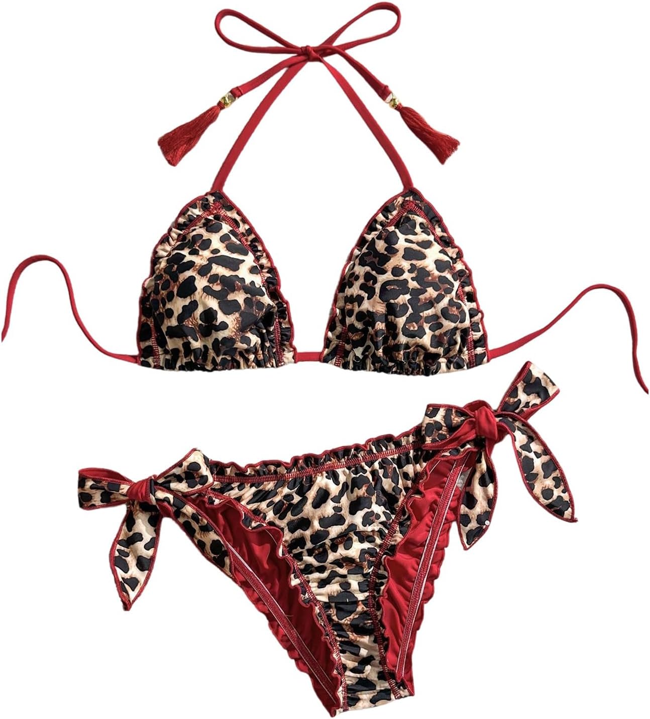 Women's Floral Leopard Swimsuit Halter Triangle Tie Side String Bikini Set Two Piece Bathing Suit Beach Wear