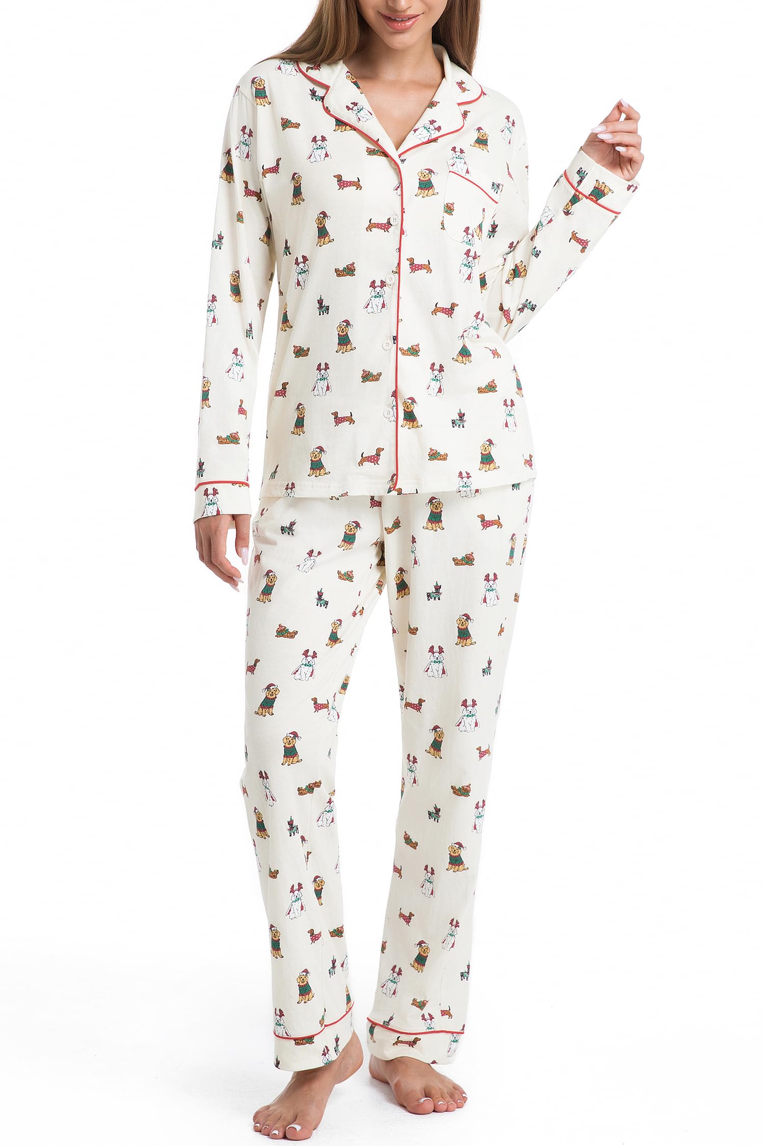 LUBOT Christmas Pajamas for Women 100% Cotton Pajama 2 Piece PJ Set