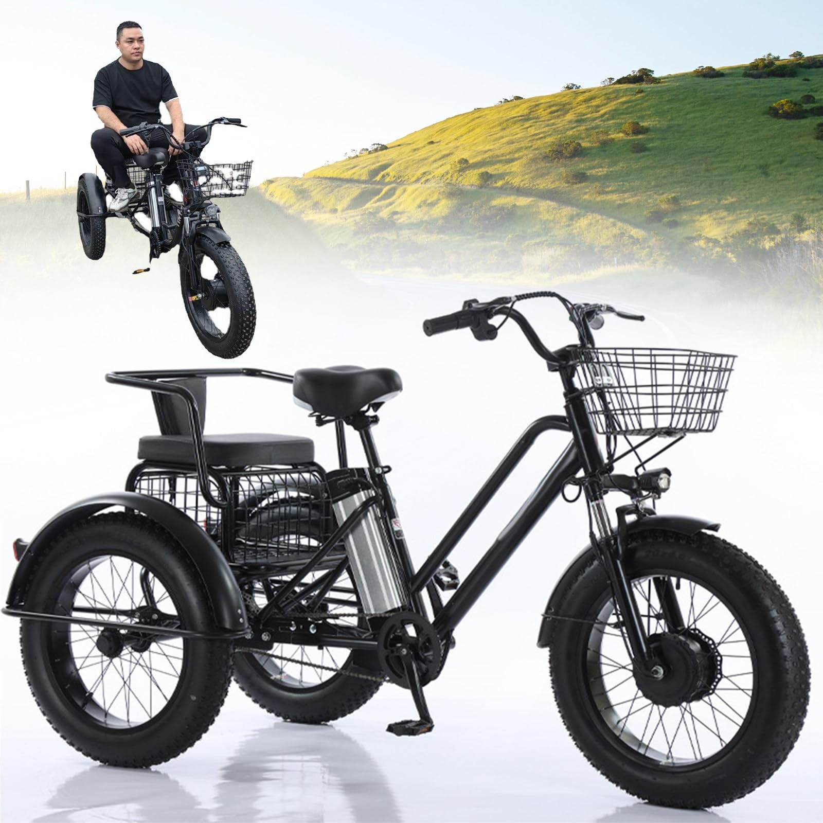 Triciclo Elettrico a Tre Ruote per Adulti - Batteria Rimovibile 48V/12Ah, Bici da Carico Elettrica da 20 Pollici, Carico Massimo 250 kg, per Pendolarismo e Viaggi Only-Trike