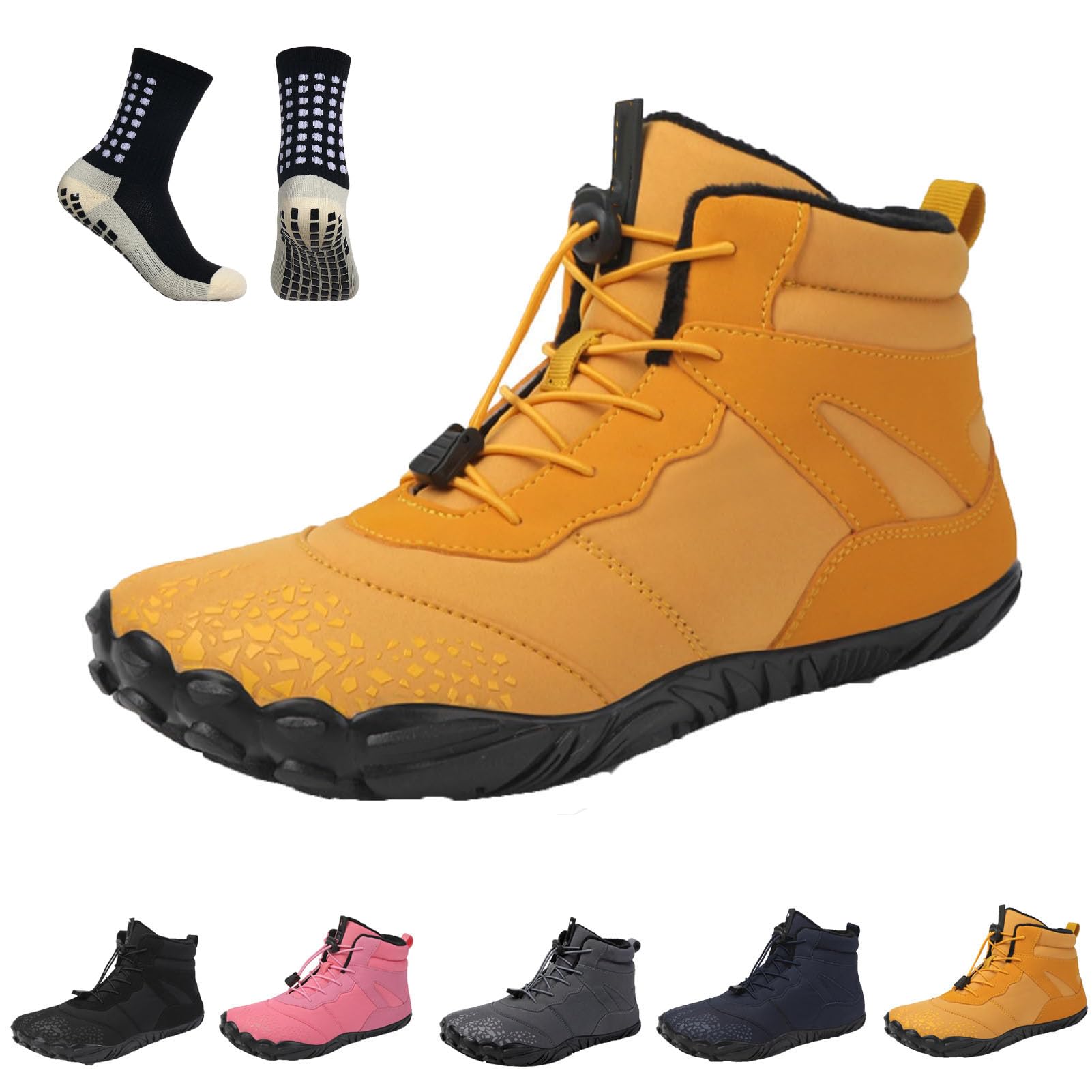 SLPBWinter barefoot shoes women men waterproof trail running shoes hiking shoes toe shoes high warm and non-slip boots (Yellow,39)