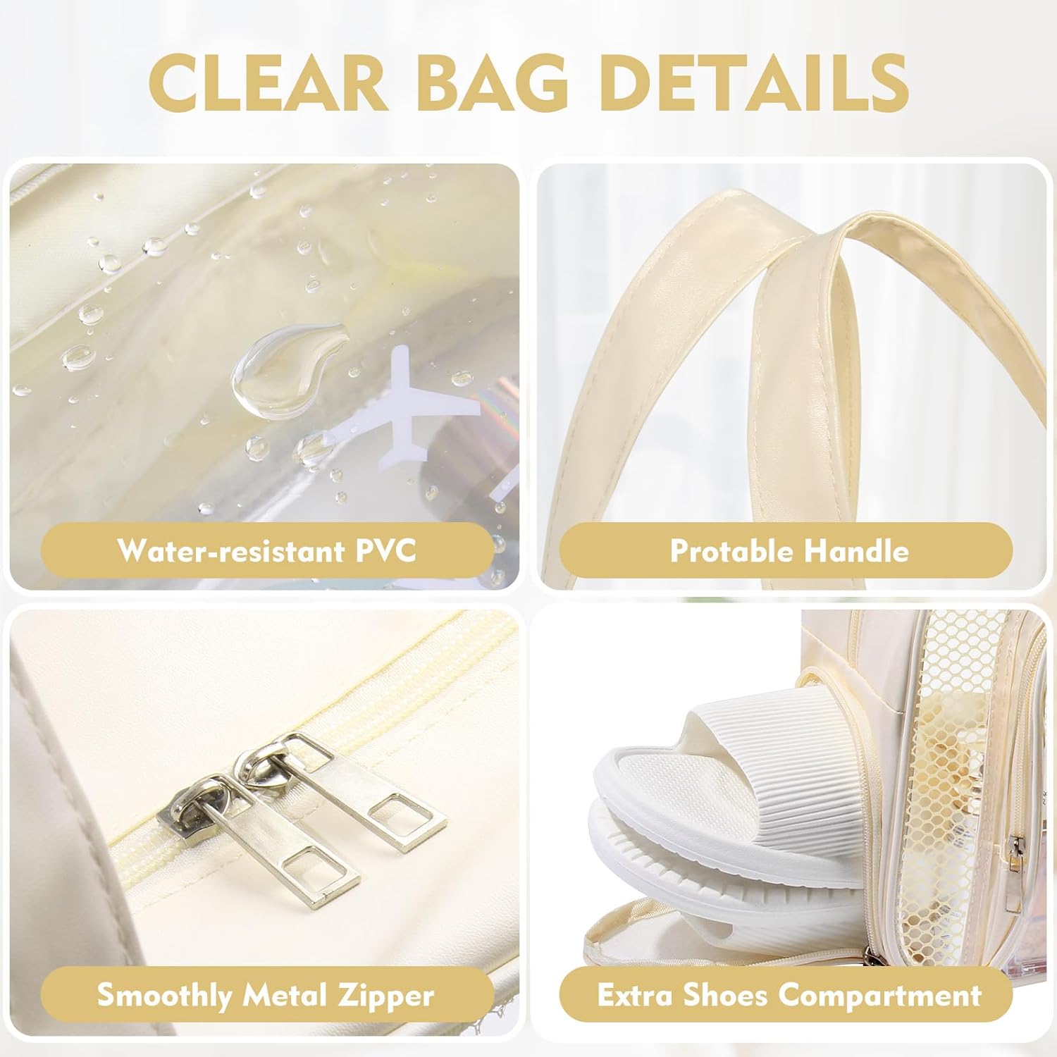 Chenille Letter Patch Clear Travel Bags, Preppy PVC&Nylon Makeup Bag with Handle and Zipper, Waterproof Large Clear Travel Toiletry Bag Storage Bag for Women Girls - Image 3