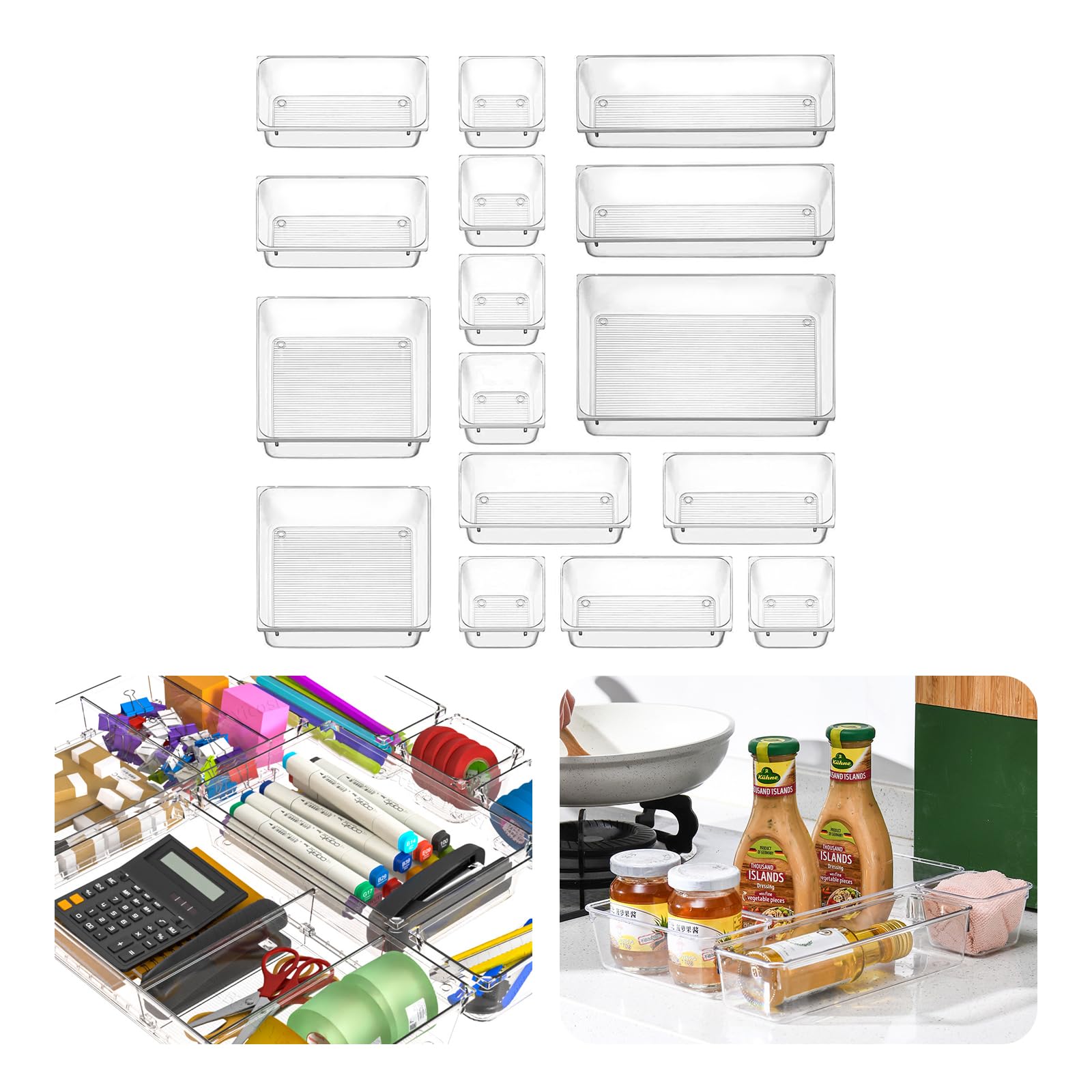 Criusia Confezione da 8 grandi vassoi organizer per cassetti in plastica trasparente, 3 misure, senza BPA, in acrilico, per bagno, organizer per cassetti, divisori antiscivolo per utensili da cucina