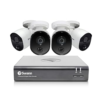 Swann Home Security Camera System, 4 Channel 4 Bullet Cameras 1080p HD DVR Wired Surveillance, 1TB HDD, Weatherproof, Color Night Vision, Heat & Motion Sensing, Alexa + Google, SWDVK-445804V