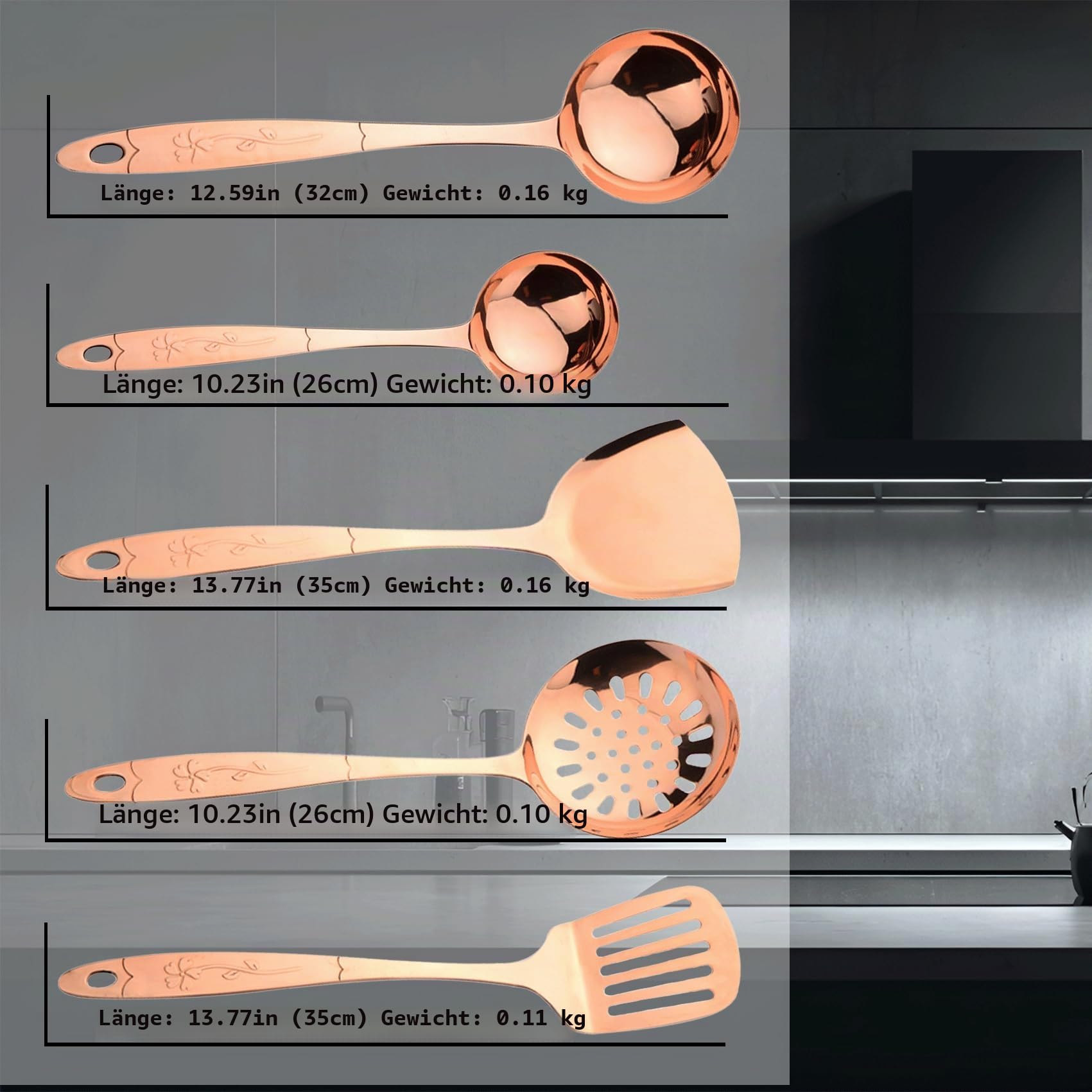 5-teiliges Küchenutensilien-Set aus reinem Kupfer, stilvolles Kupfer-Küchenzubehör, Kochgeschirr-Set für Zuhause oder Restaurant Kochen (5)