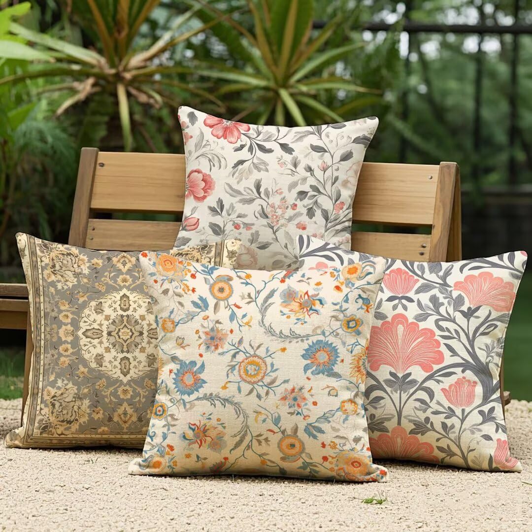 Fundas Cojines 40x40 cm Exterior Cojines Estilo Escandinavo Fundas de Almohada Juego de 4, Cuadrados Funda Cojin Floral Almohadas con Cremallera, Sofa Cama Decorativos para Hogar, Jardín, Salón Ym33