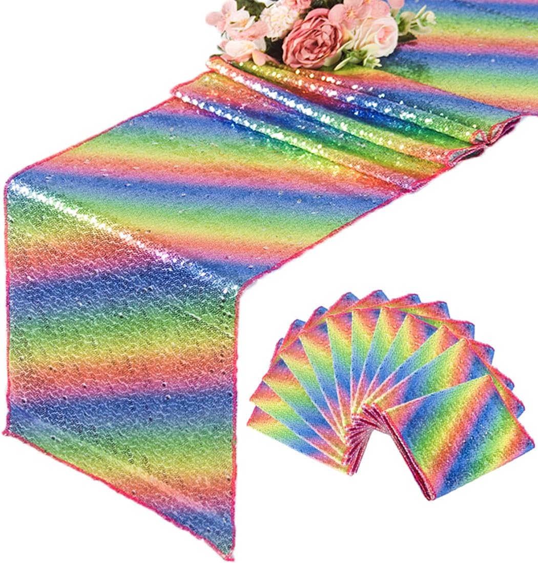 6 Pack Sequin Table Runner Rainbow Glitter Party Table Runners 12x108 Inches Wedding Summer Hawaiian Party Holiday Baby Shower Christmas Table Setting Decor