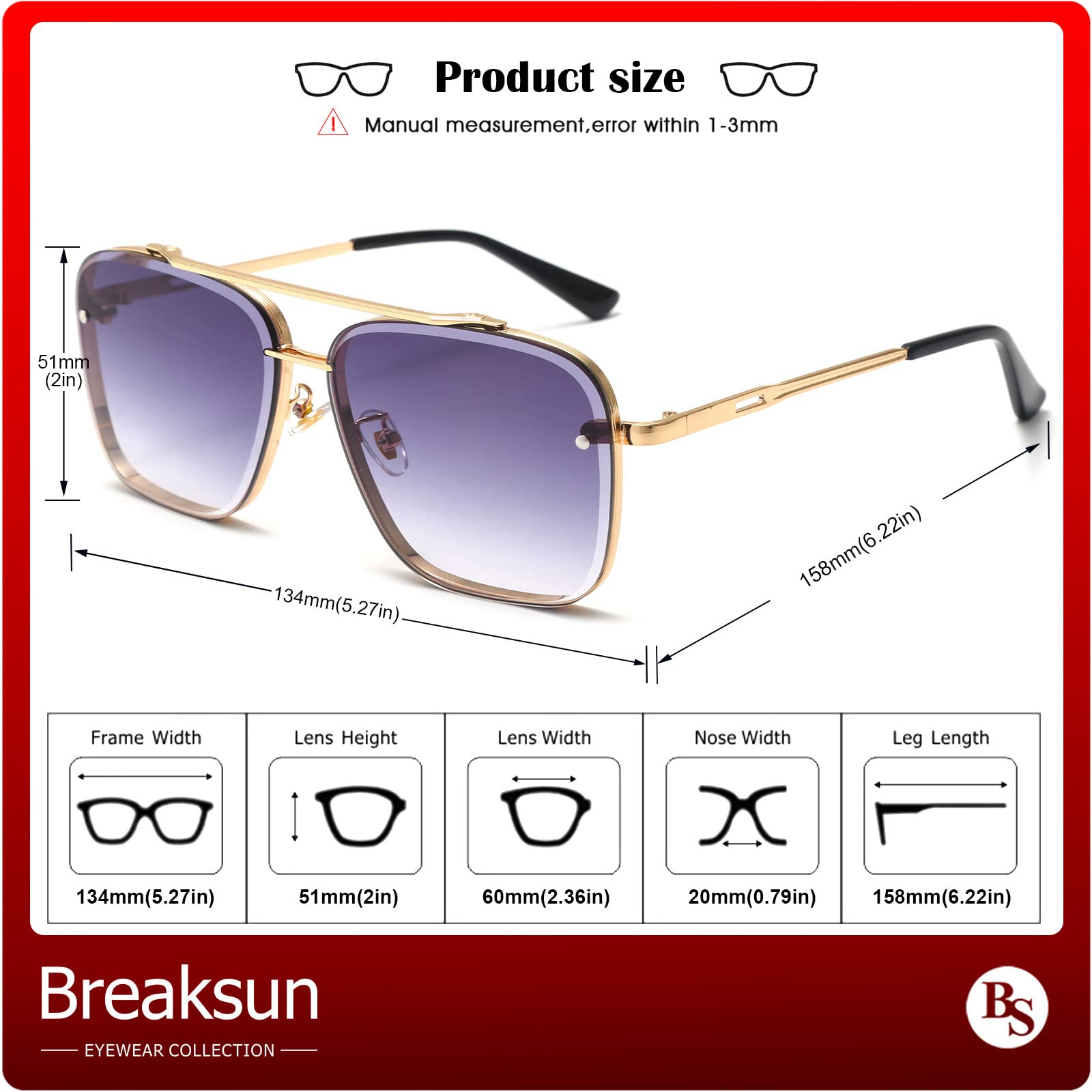 Breaksun Übergroße quadratische Piloten-Sonnenbrille für Damen und Herren, Metallrahmen, getönte Gläser