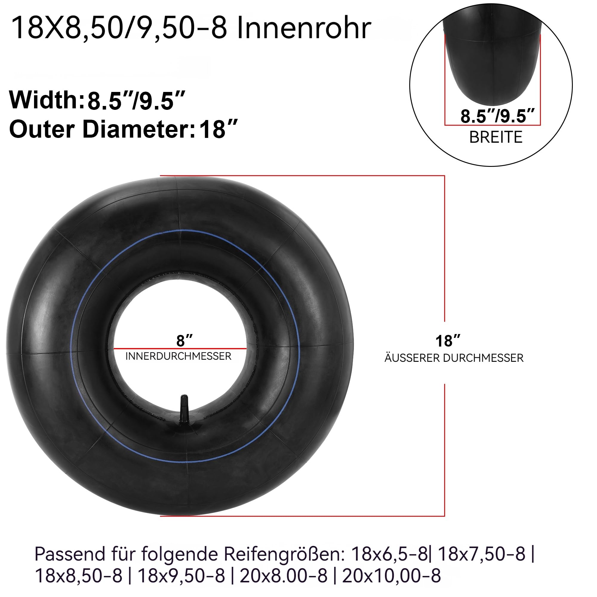 18x8,50-8 18x9,50-8 Schlauch Innenschlauch mit Geradem TR13-Ventilschaft Ersatz für Rasenmäher Go-Karts ATV Golfwagen Schubkarre Schneefräse Traktorreifen Robust, 2 Stück