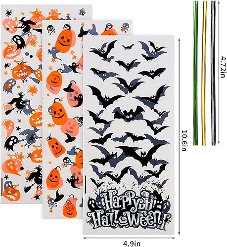 Miniatura 3 de LOKIPA Bolsas de celofán para dulces de Halloween, 150 piezas, bolsas de regalo con lazos giratorios para suministros de fiesta (3 estilos)