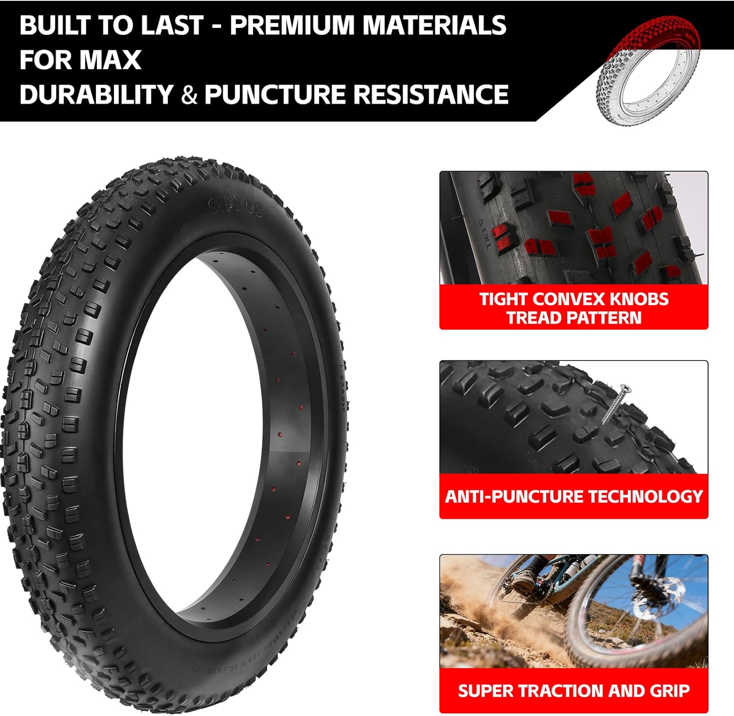20x4 E-Bike Fat Tire, Puncture Protection, High Grip All-Terrain Tires with Tubes, Tire Levers & Liners for MTB/E-Bike/Tricycle/Folding Bikes, Tread Design, for Snow/Sand/Off-Road/Street