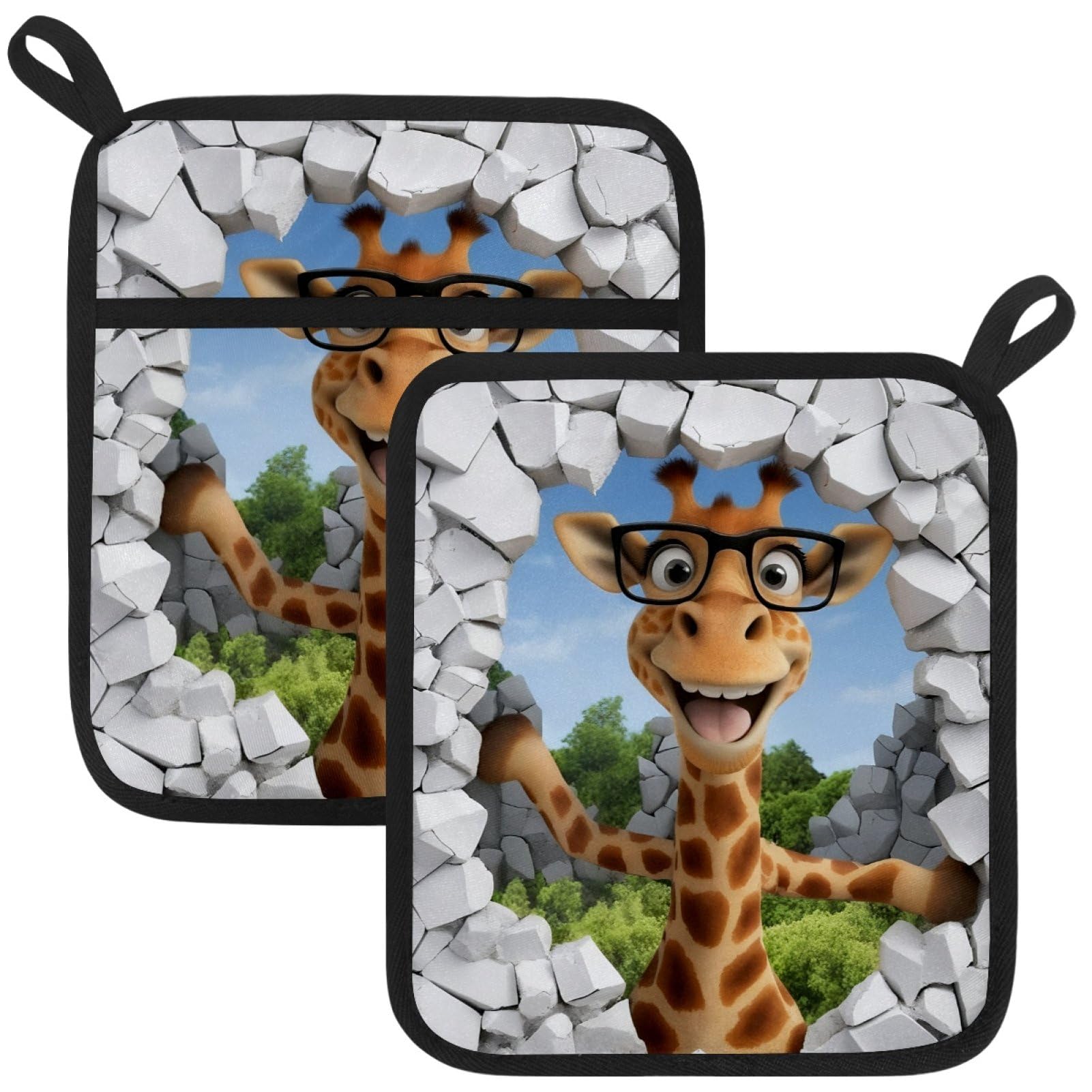VAPOKF Giraffe Pot Holders with Pocket for Kitchen Heat Resistant Potholders Large Polyester-Cotton Square Oven Mitts Set
