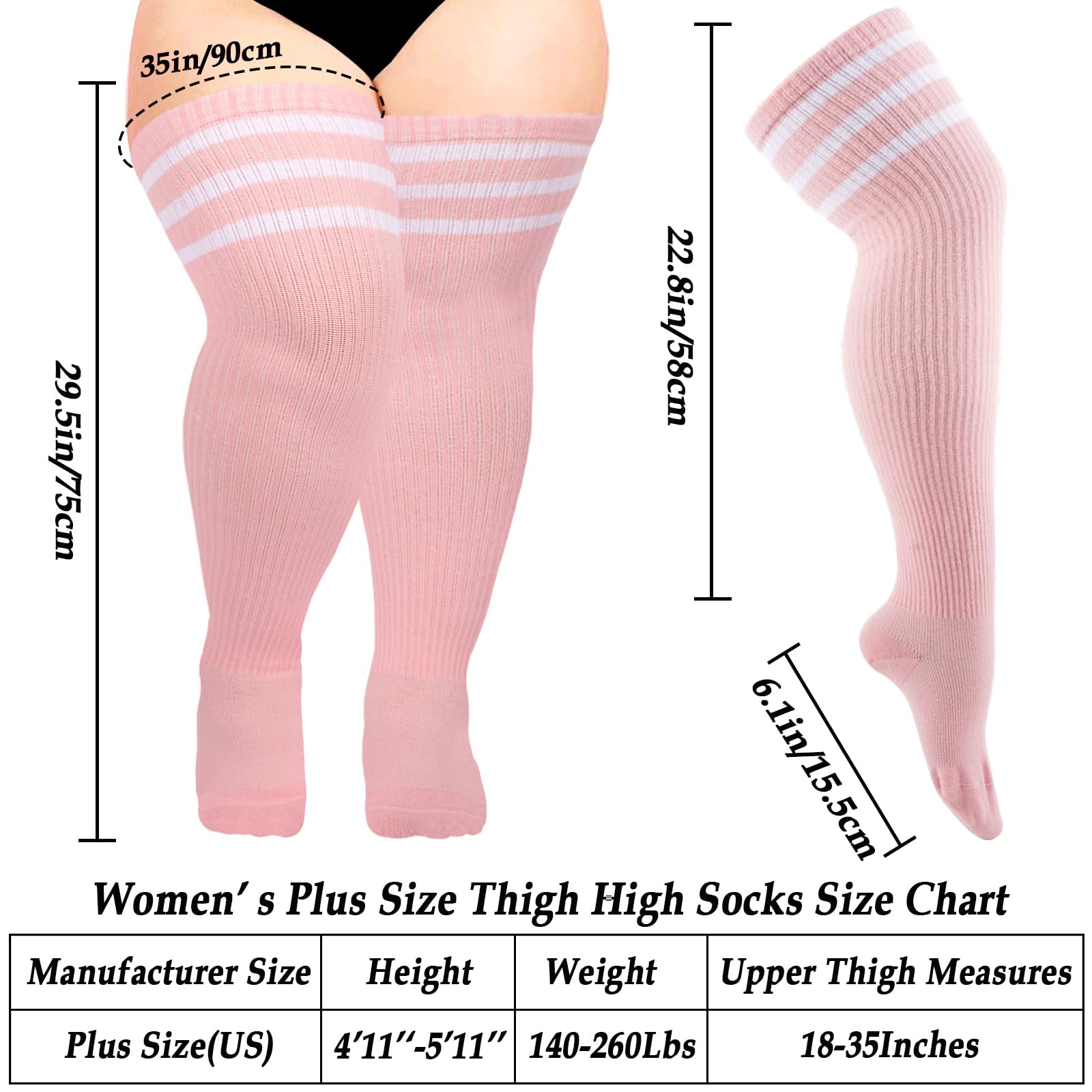 Moon Wood Plus Size Thigh High Socks for Thick Thighs- Womens Knit Cotton Extra Long Over the Knee High Socks Leg Warmer: One Size Plus Baby Pink & White