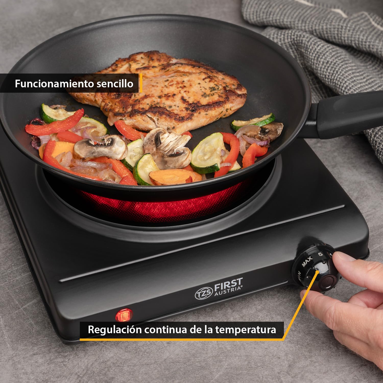 TZS First Austria - Placa de cocción vitrocerámica infrarroja TODOS los tipos de ollas 1250W - Mini hornillo eléctrico individual para mudanza, camping y hogar - Regulación continua y luz indicadora