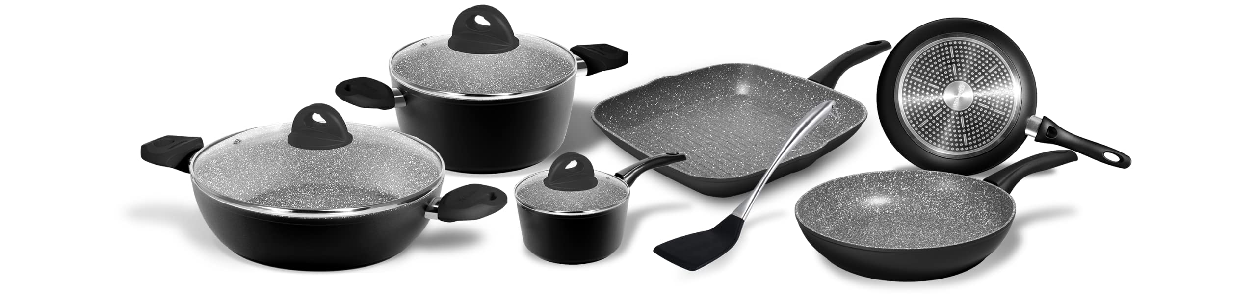 Stone in Black, Batteria Pentole e Coperchi, Set da 10 pezzi, Acciaio Antiaderente, 3 Padelle, 2 Casseruole, 1 Tegame, 3 Coperchi, 1 Spatola, Pentolame Adatto a Induzione, Nero