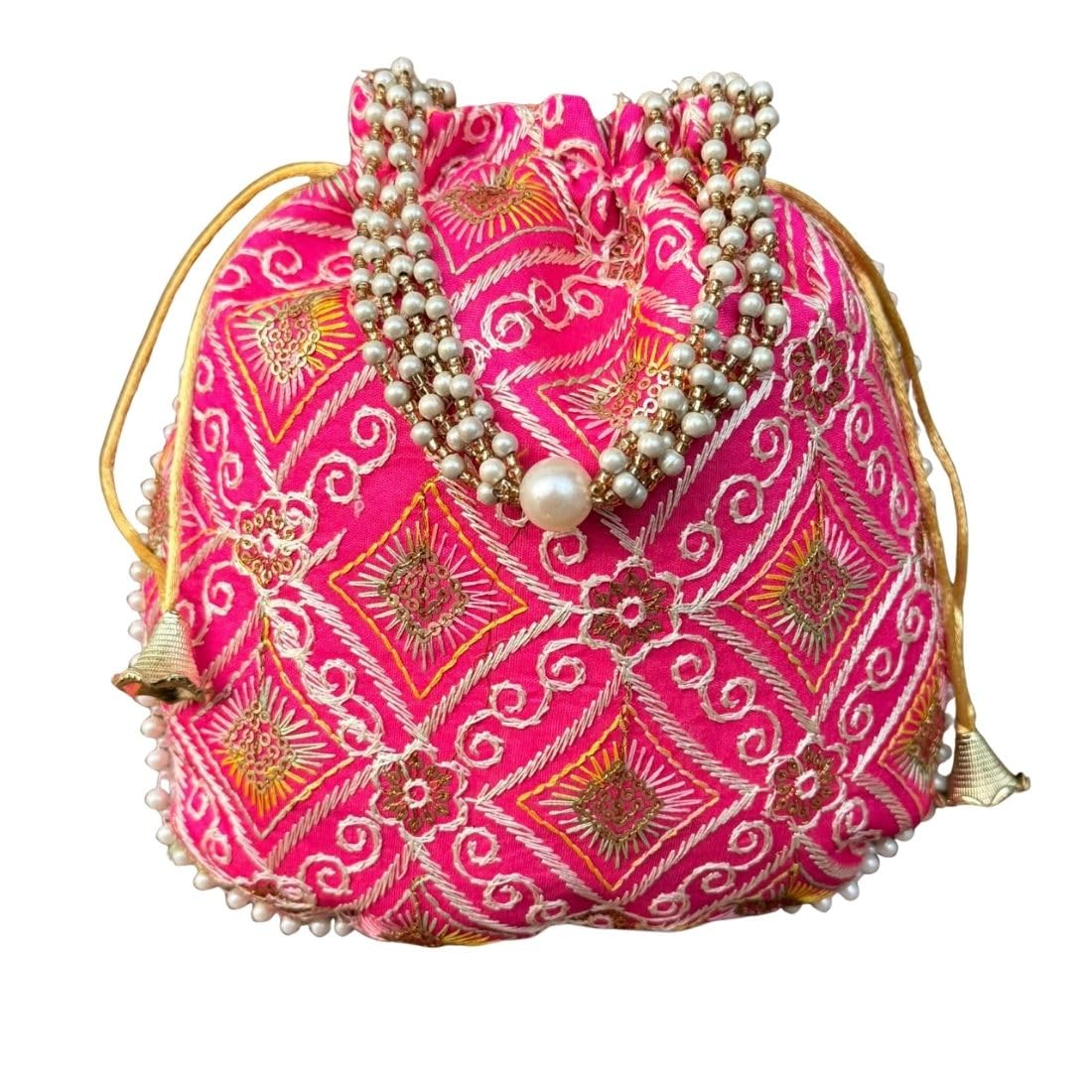 Hot Pink Embroidered Potli Bag with Pearl Handle | Designer Ethnic Clutch for Women-image-25