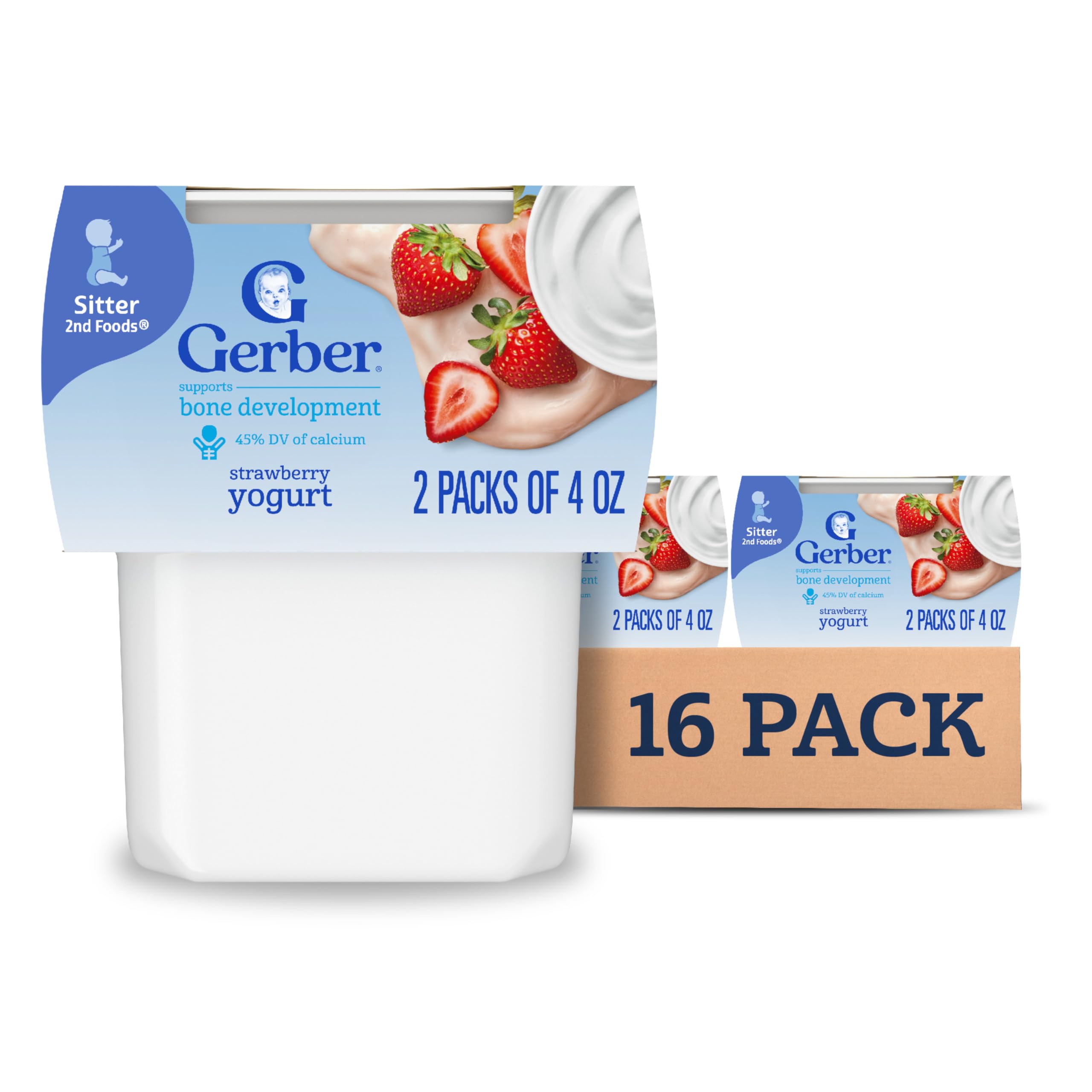 Yogur de fresa Gerber para bebé, etapa 2, con calcio que favorece el desarrollo óseo, 2 unidades, 4 oz, paquete de 8