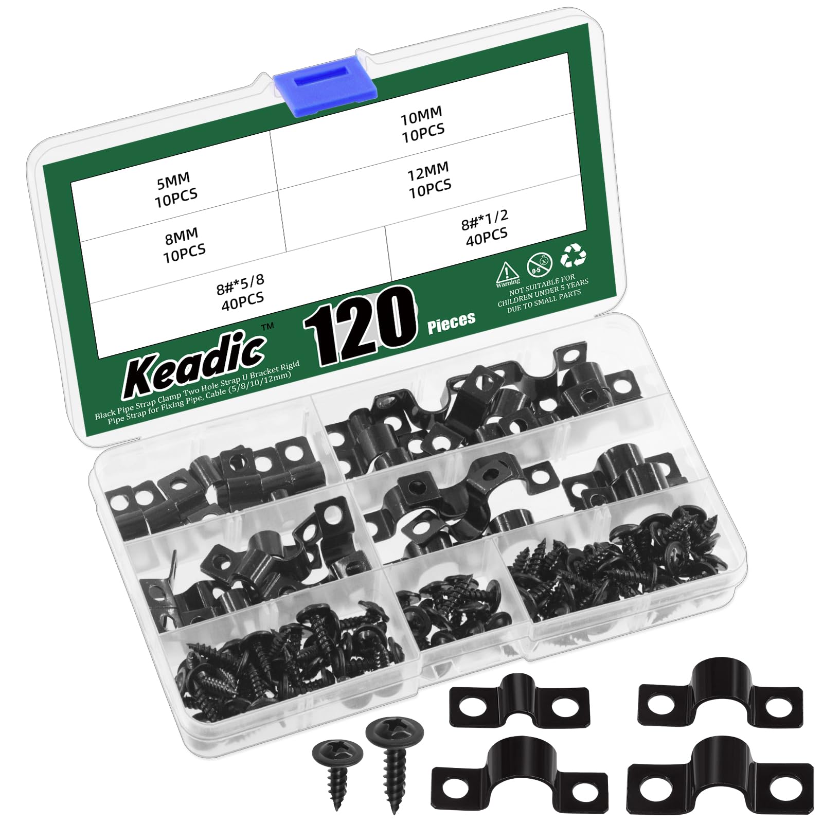 Keadic 120Pcs 4 Sizes Two Hole Pipe Straps Set Zinc Plated Steel EMT Pipe Straps with 2 Hole, Rigid Pipes Straps Clamp Tube Strap Tension Clip U Brackets Kit for EMT Conduit Fixing