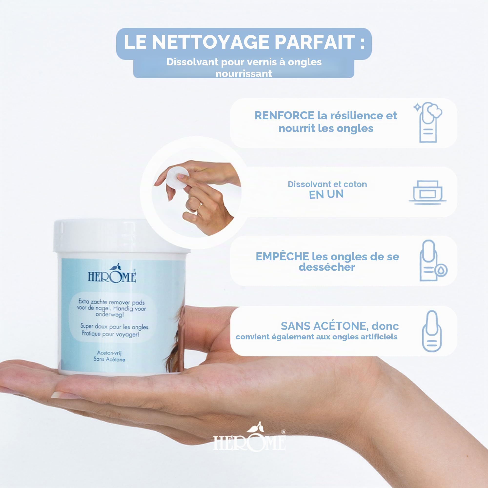Herome Disques Dissolvants à Vernis à Ongles (Caring Nail Polish Remover Pads) - Sans Acétone - 100 pads