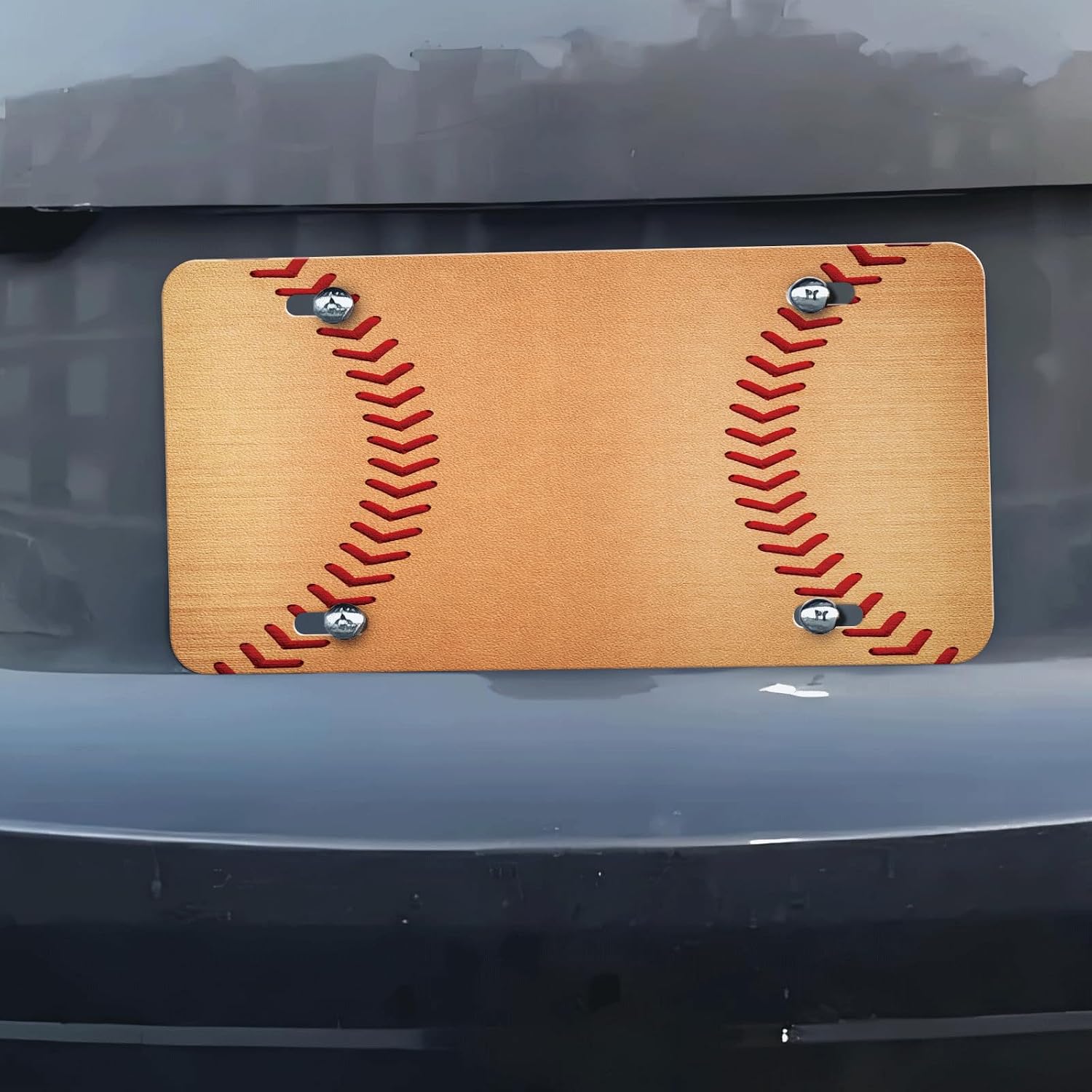 License Plate, Black Front Funny Cute Decoration Aluminum Metal License Plates Cover with 4 Holes, Novelty Vanity Tag Cover Car Decor Accessory Baseball Stitch