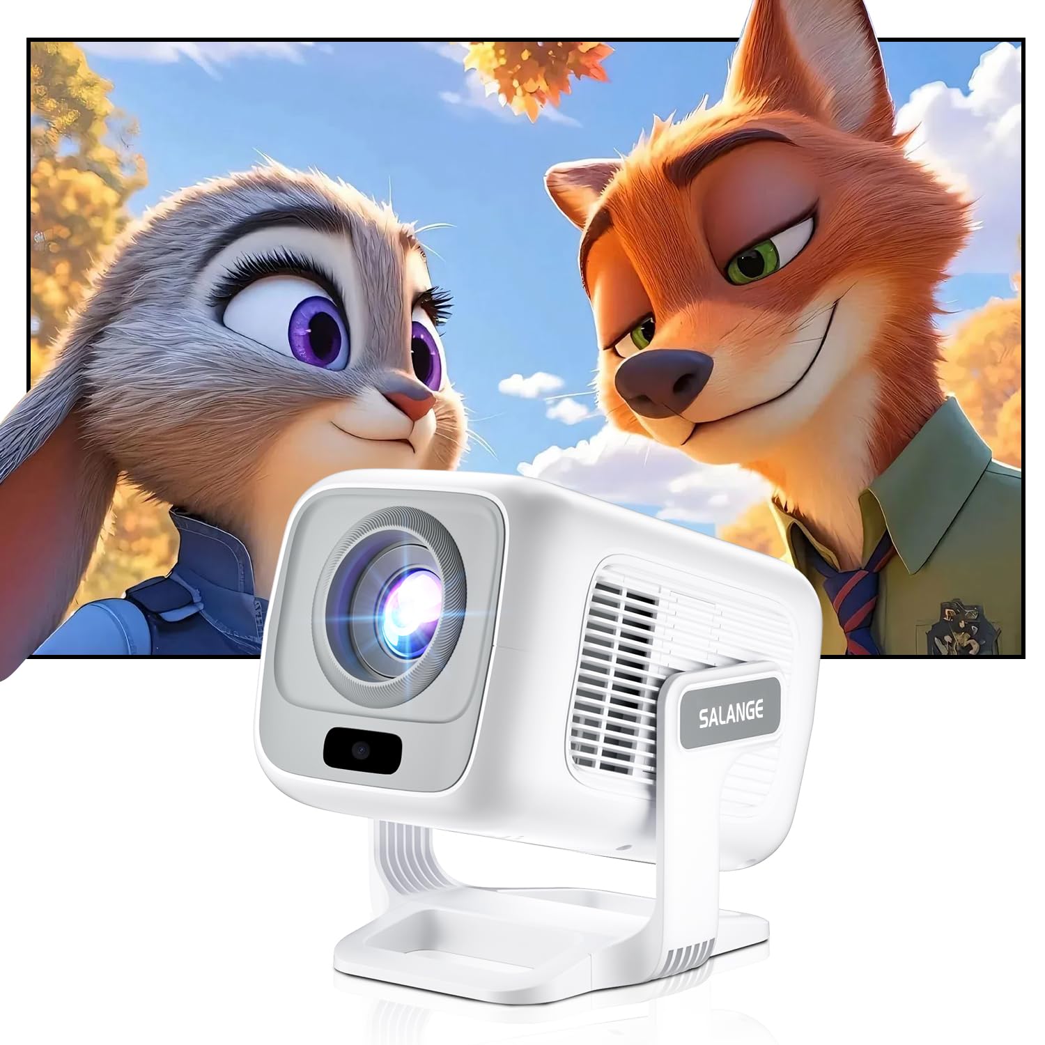 Salange Vidéoprojecteur Portable 4K FHD 1080P, WiFi Bluetooth Pico Retroprojecteur,Autofocus Automatique, Mini Projecteur Video avec Android 14.0 Home Cinéma, réglable à 180°, Blanc
