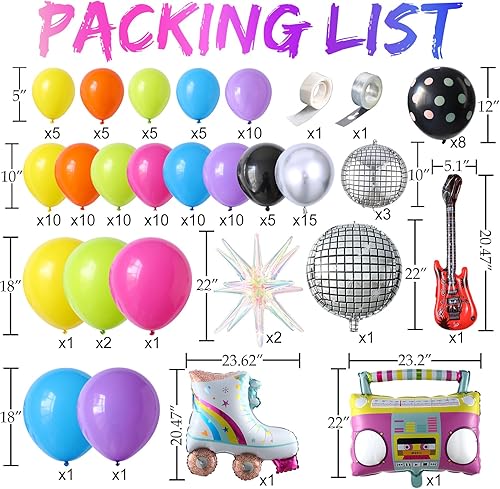 Miniatura 3 de Kit de guirnalda de globos retro de los años 90, 135 piezas de arco de globos de colores neón con radio, guitarra, patín sobre ruedas, estrella de