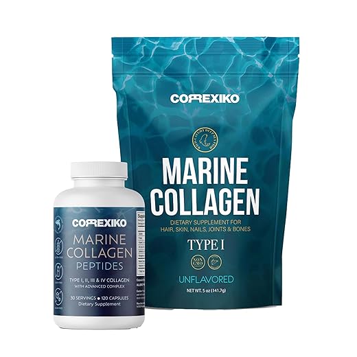 CORREXIKO Marine Collagen Supplement Pills & Powder Bundle - Includes 10,000mg Double Hydrolyzed Collagen Powder 5oz & 1800mg Collagen Peptides 120 Capsules - for Hair, Skin & Nails