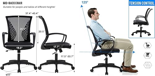 Miniatura 5 de Simple Home - Silla ergonómica de escritorio de oficina de malla, soporte lumbar, taburete ajustable ejecutivo moderno, silla giratoria para dolor