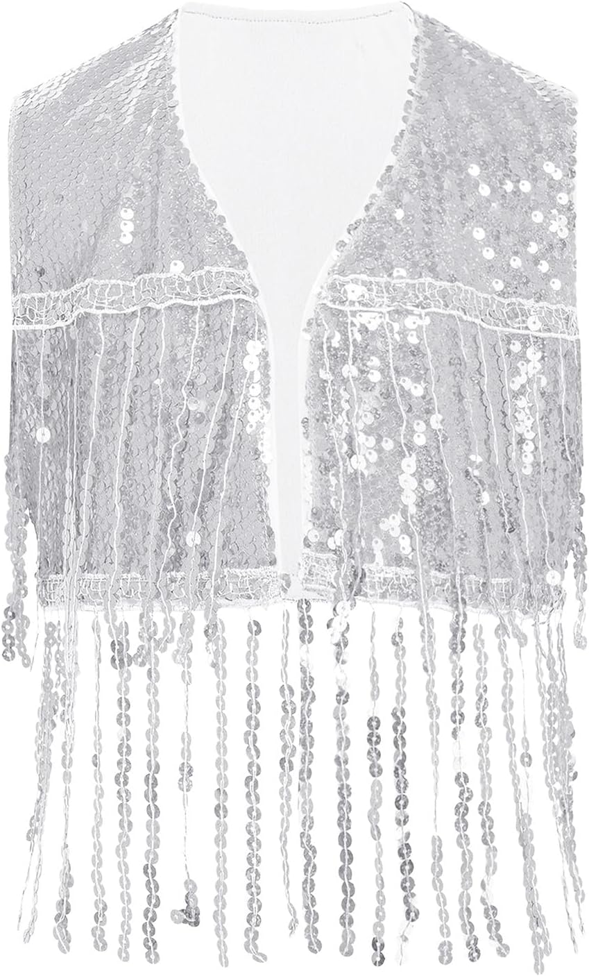 Girls Sequins Tassel Dance Outfits Ballroom Dancewear Shiny Shorts And Top Set for Stage Performance Silver 16 Years