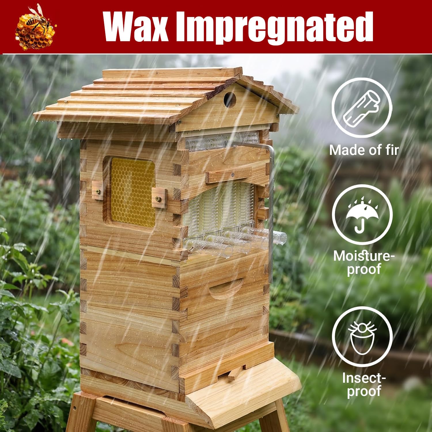 Kit de iniciación de colmena de abejas, recubierto de cera de abejas con marcos y base encerada, juego de caja automática de colmena para una fácil apicultura, completo para principiantes