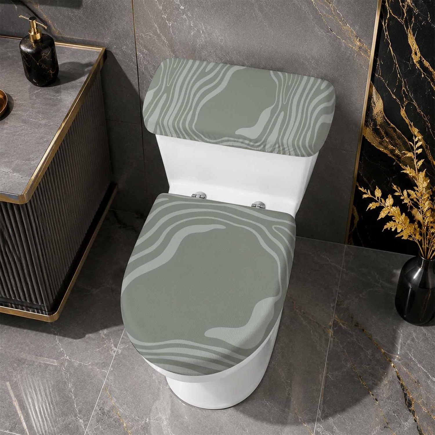 Abstract Fluid Art Toilet Lid Cover with Tank Cover Set 2pcs, Stretch Fabric Toilet Seat Protector, Green Modern Ripple Minimalist Washable Universal Fit Bathroom Accessories for Home Hotel Toilets