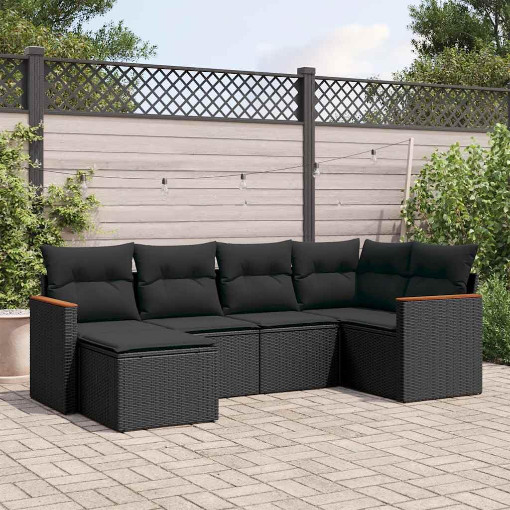 Set di mobili da giardino modulari in polyrattan nero, 6 pezzi, con cuscini e vano portaoggetti