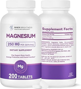Pure Magnesium 250mg Supplement with Calcium High Absorption Magnesium Tablets for Bone Strength, Muscle Function, Relaxation & Sleep Support 200 Day Supply, Vegan, Non-GMO