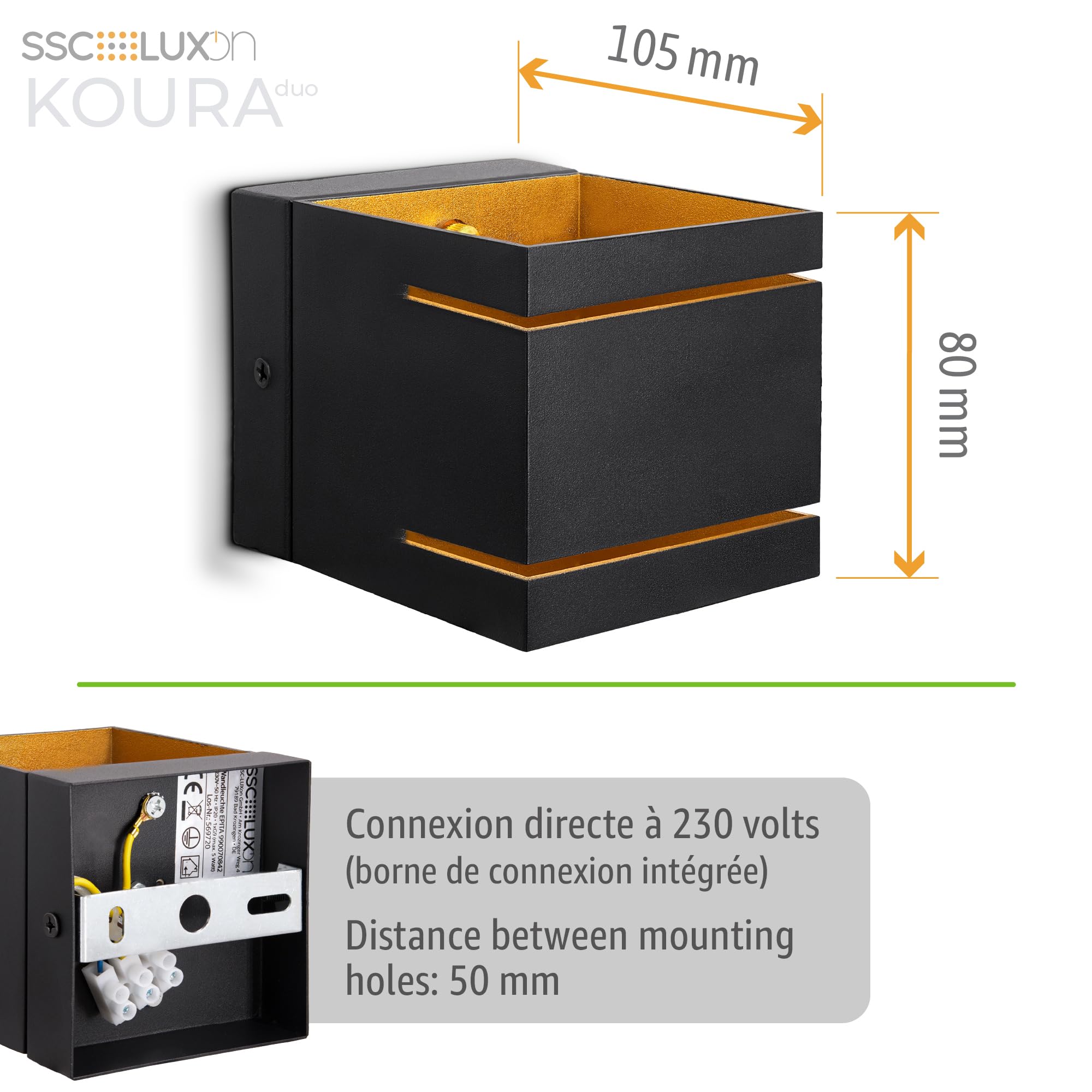 SSC-LUXon KOURA Lot de 2 appliques murales LED G9 noir or éclairage indirect double fente lumineuse Up & Down