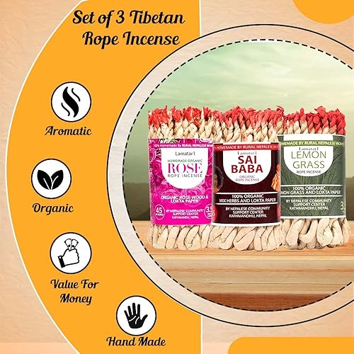 Miniatura 9 de Juego de 3 cuerdas tibetanas de incienso, APPR 135 en cuerdas hechas a mano en Nepal (Rose-Sai Baba- Harey Ram Harey Krishna Set de 3)