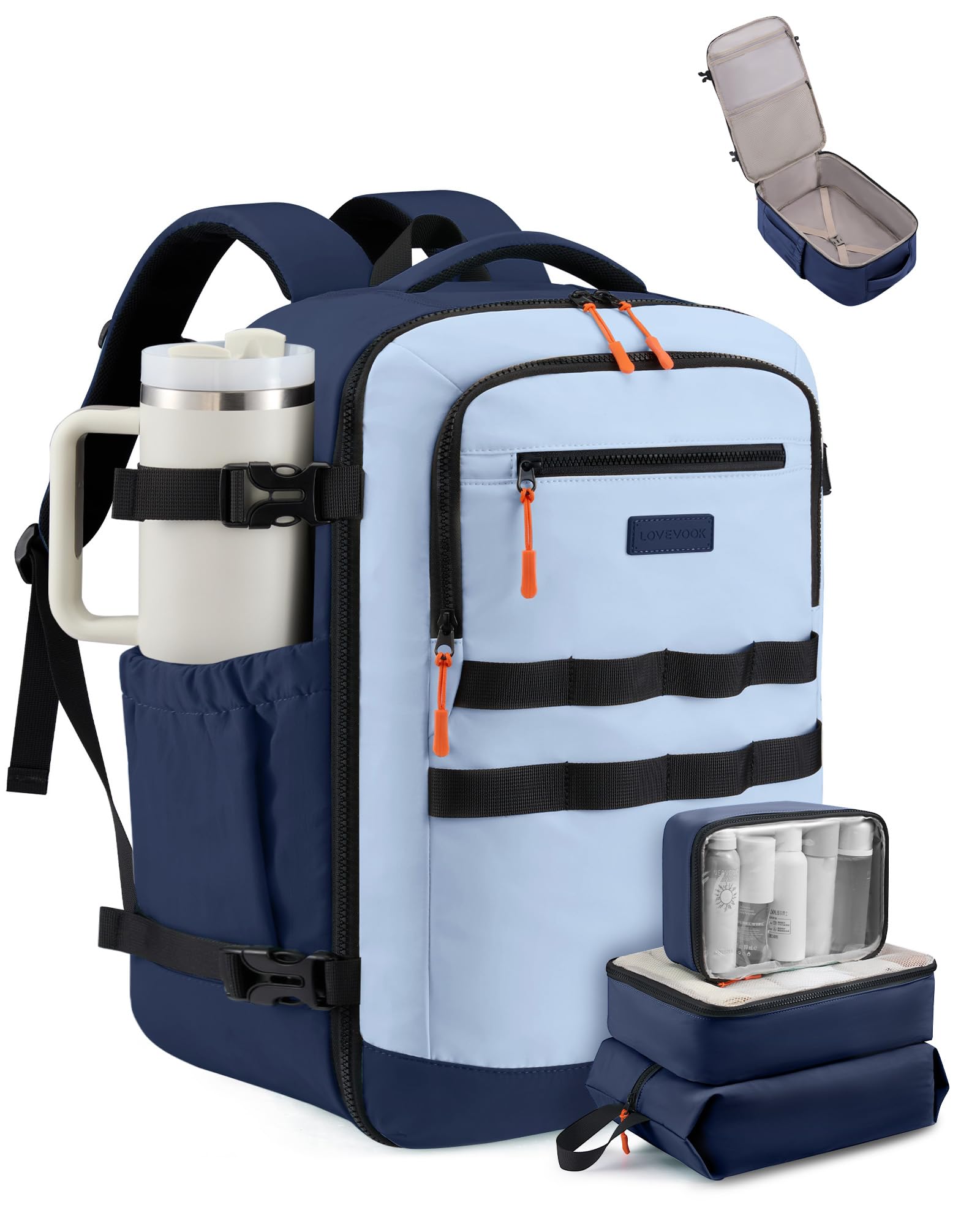 LOVEVOOK 40L Travel Backpack for Women Men, Carry on Backpack for Airplanes | Airline Approved Personal Item Travel Bag Fit 17 Inch Laptop, Waterproof Travel Essentials Weekender Bag with 3 Packing Cubes Blue 40L-4PCS