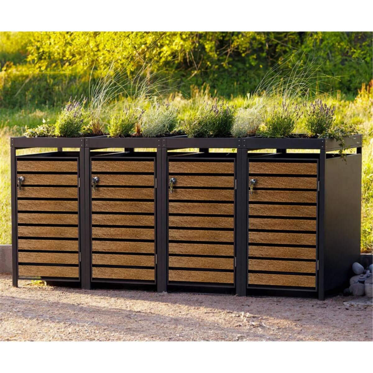 Metzler Mülltonnenbox 4er 240L in Anthrazit & Holzoptik mit Pflanzdach & Sichtstreifen, Mülltonnenverkleidung 4 Tonnen mit Automatikdeckel, Müllbox mit pulverbeschichtetem Stahl rostfrei, abschließbar